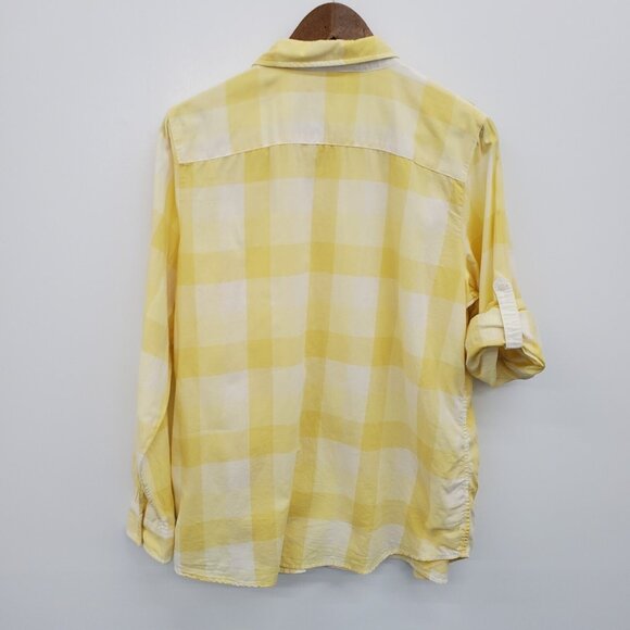 L.L.Bean Womens L Yellow White Plaid Cotton Button Up Shirt Collared Classic - Picture 3 of 16